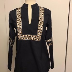 Navy Silk Blend Geometric Blouse